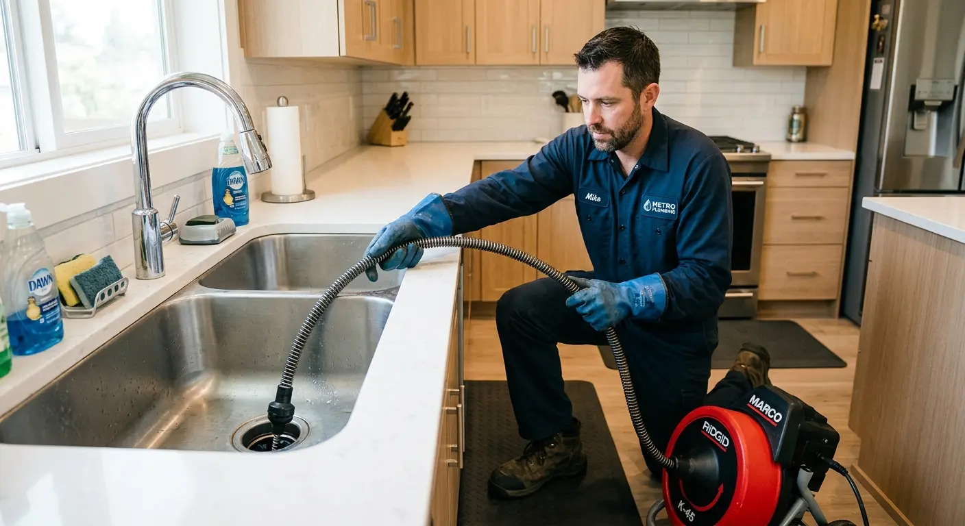 Drain cleaning technician using a motorized snake on a kitchen sink in Cortez