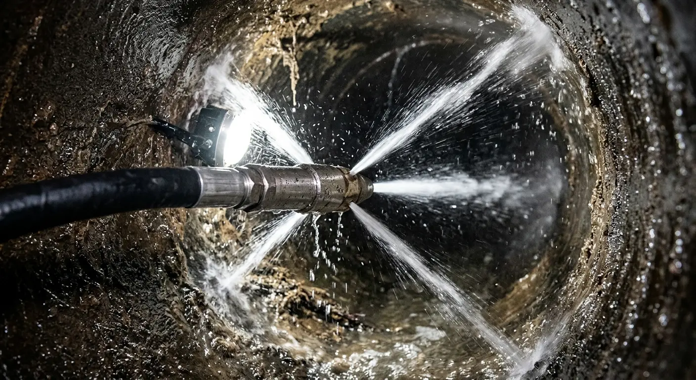 High-pressure hydro jetting nozzle cleaning sewer pipe for Trenchless Sewer Repair in Cortez