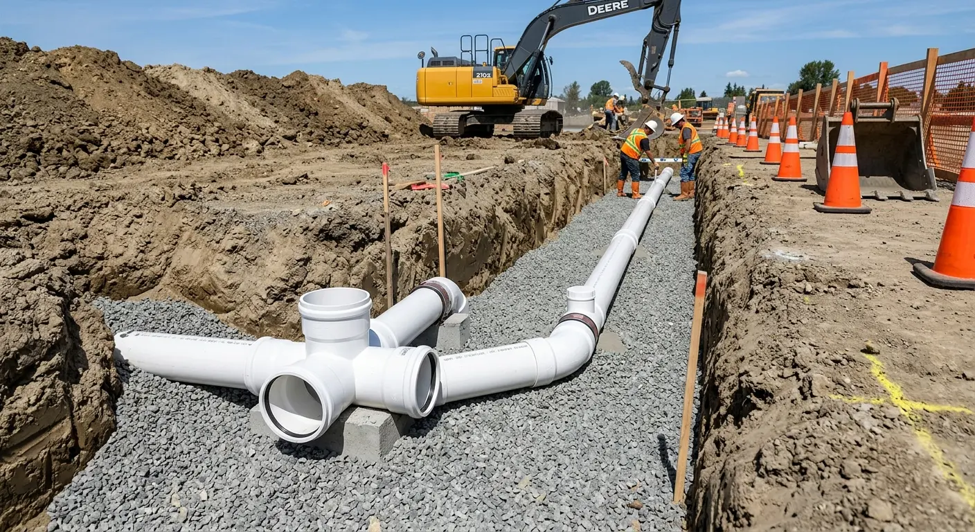 New PVC sewer pipe installation in open trench for Sewer Backup in Cortez