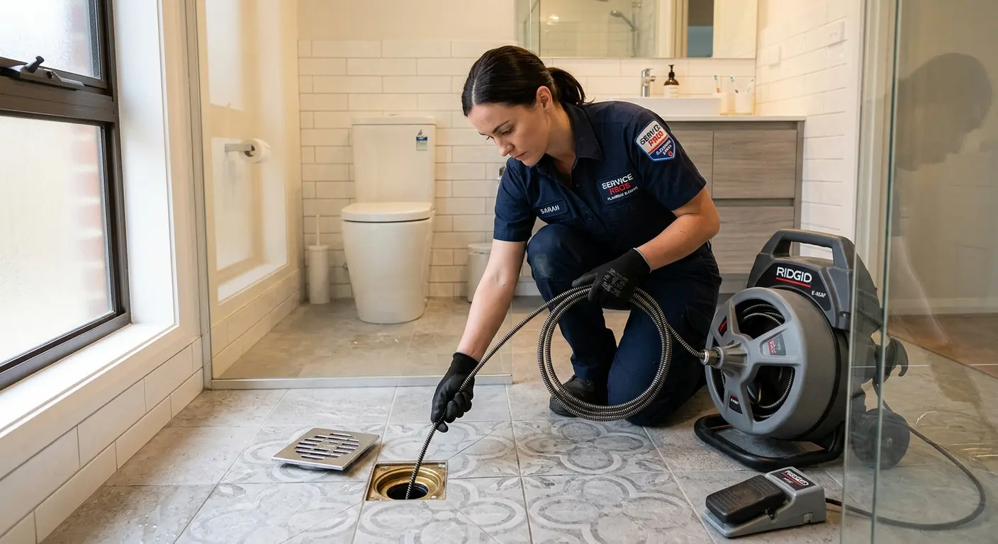 Technician clearing a bathroom floor drain for Drain Cleaning in Cortez